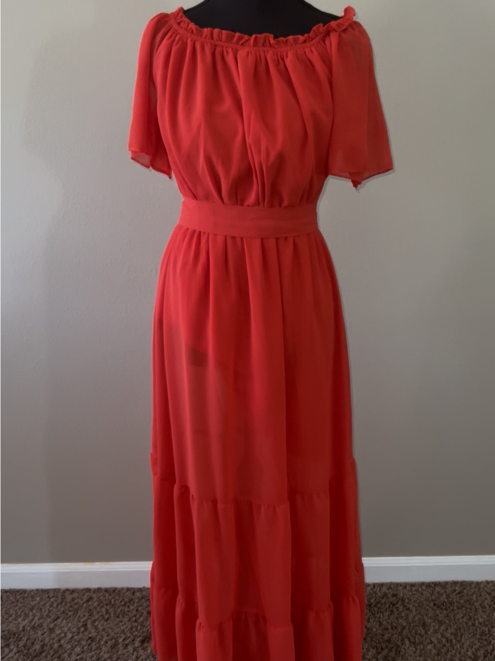 ePretty Coral Red Off-Shoulder Tiered Maxi Dress